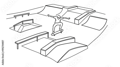 Outline of a skateboarder performing a trick in a skate park