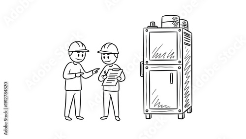 Engineers discussing industrial equipment in hand-drawn sketch