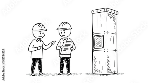 Hand drawn engineers discuss construction near electrical panel box