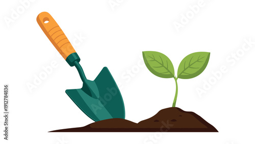 Gardening concept with young plant and hand trowel on soil