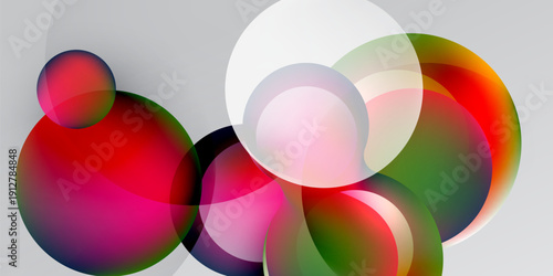 Abstract colorful circles overlap, creating vibrant gradients. Soft hues blend into dark background. Modern design element.