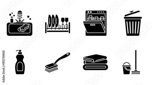 Essential kitchen and cleaning icons: simple black silhouettes for mod