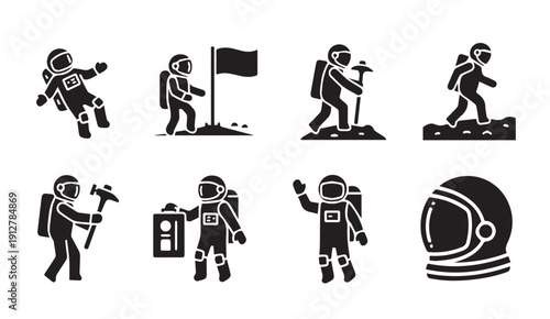 Astronaut icons set with various space exploration activities