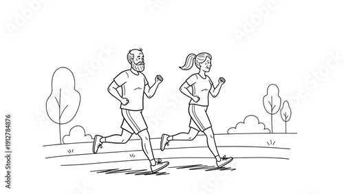 Active seniors enjoy outdoor running in linear style drawing