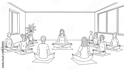 Yoga class: group meditation and relaxation in a modern studio