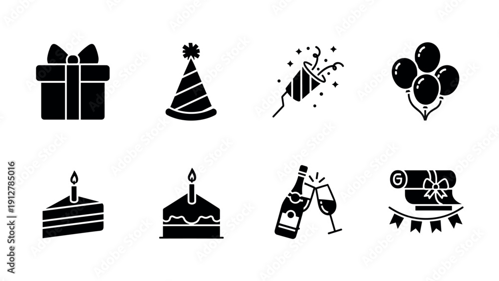 Naklejka premium Celebration icons set: party hat gift box cake balloons champagne and 