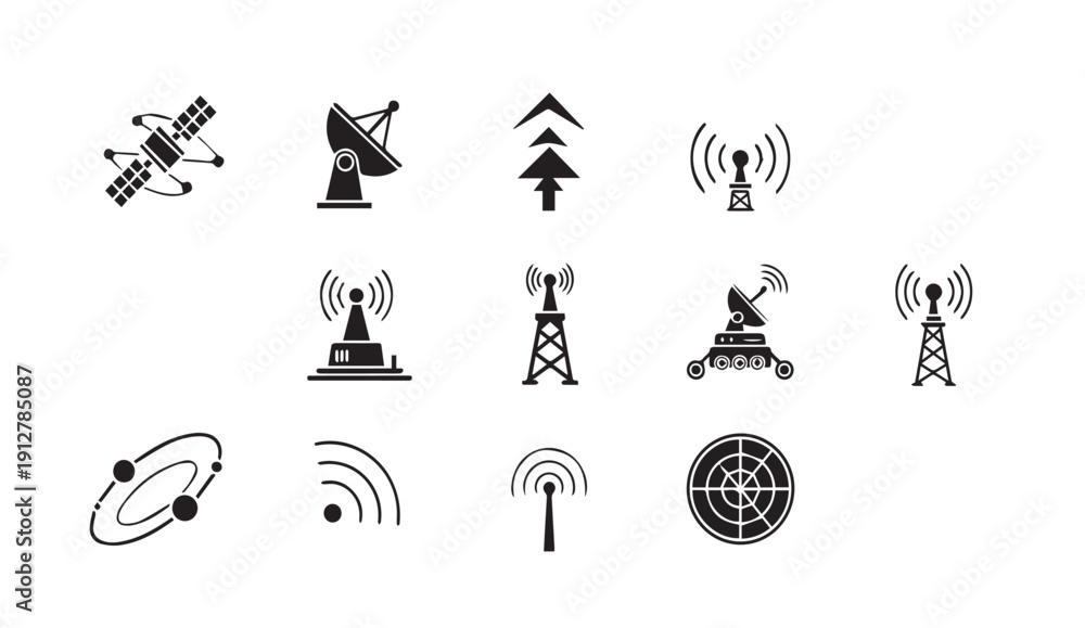 Obraz premium Telecommunication icons set including satellite and radar technology symbols