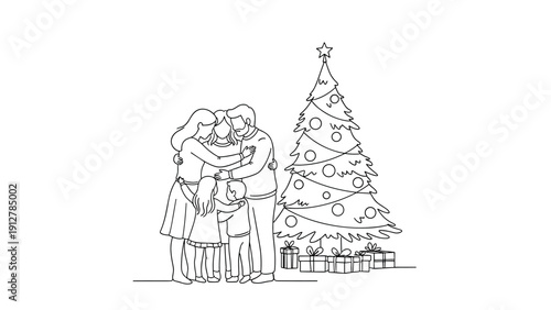 Family celebrating christmas together by the decorated tree in line ar