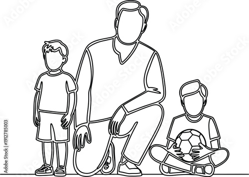 Father and Sons with Soccer Ball Line Art child