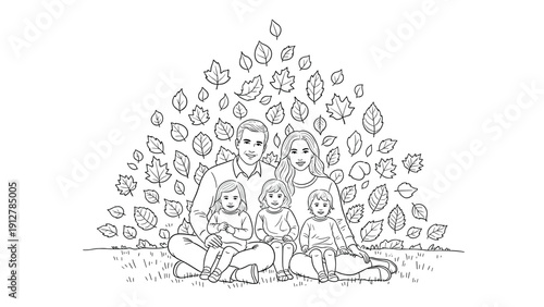 Happy family with children in autumn leaves background line art drawin
