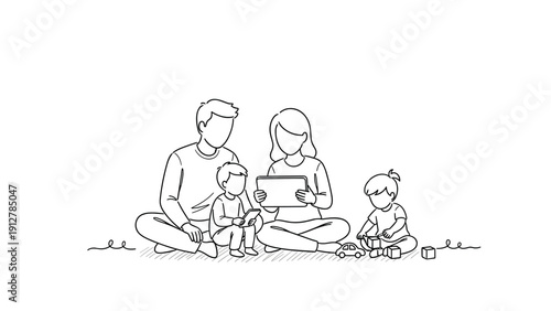 Family bonding: parents and children engaged with toys and tablet in l