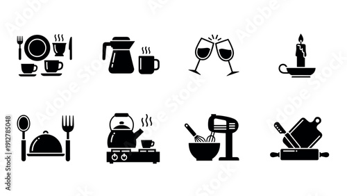 Kitchen icons set: modern silhouette designs of dining and cooking ess