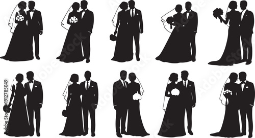 Silhouettes of wedding couples in various romantic poses together
