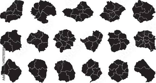 Collection of black and white regional map illustrations
