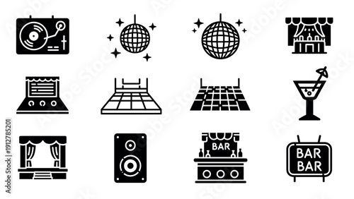 Retro party icons set featuring disco ball dj turntable dance floor an