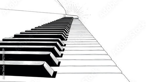 Endless piano keys in perspective with artistic sunburst in black and 