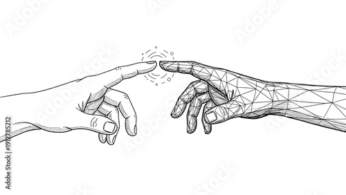 Wireframe hands touching in futuristic geometric sketch style
