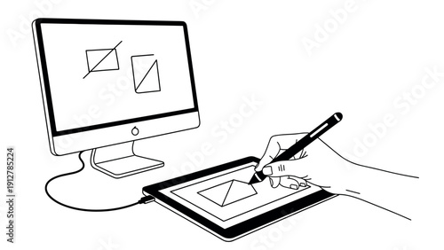 Monochrome digital design: hand drawing on tablet with computer screen