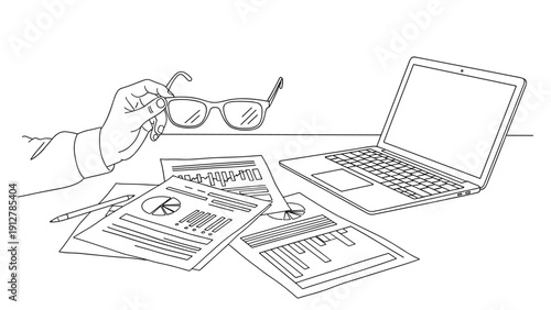 Linear desk scene with hand holding glasses laptop and business docume