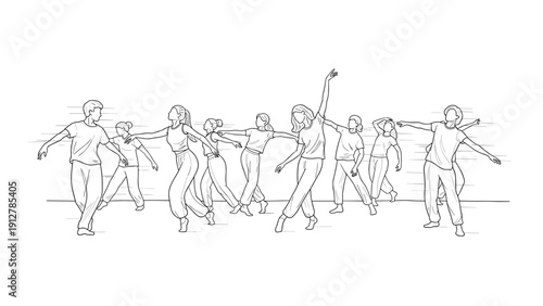 Group of casual dancers in motion outline art on white background