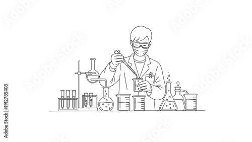 Scientist conducting experiment in laboratory with chemistry equipment