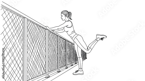 Woman exercising by fence in linear style