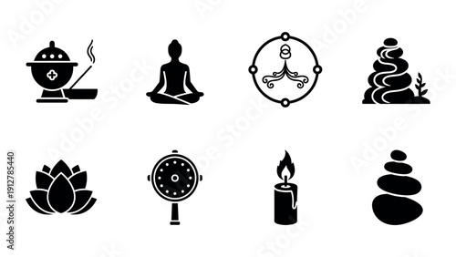 Silhouette icons: meditation yoga and relaxation elements for wellness