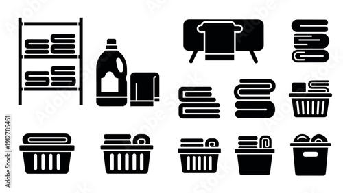 Laundry essentials silhouettes: towels baskets detergent icons