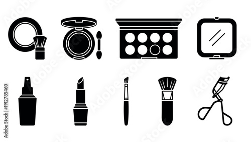 Stylish beauty tools icon set featuring makeup essentials in silhouett