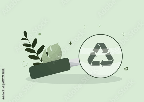 Recycle symbol under clear magnifier lens symbolizing eco-friendly sustainability search and green innovation. Waste management concept. Flat style. Vector illustration