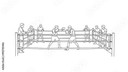 Boxing match arena outline with fighters and audience in linear style