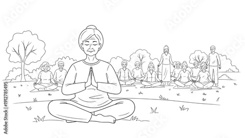 Peaceful senior yoga class in nature setting with meditation and mindf