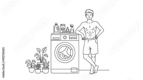 Man relaxing by washing machine with plants and laundry supplies in mi