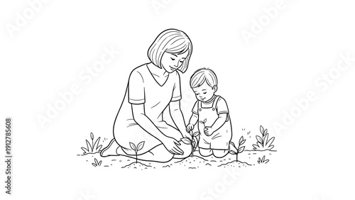 Mother and child gardening together: a heartwarming outline of family 
