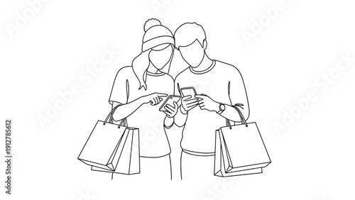 Linear drawing of couple shopping and using smartphones