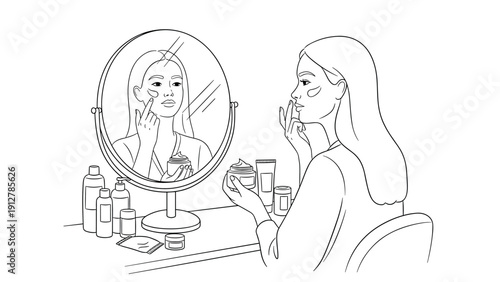 Woman applying skincare cream in front of mirror skincare routine in l