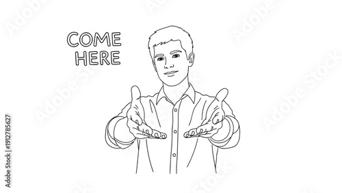 Invitation gesture line art: person extending hands with text
