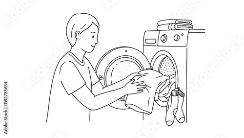 Person using washing machine: simple laundry concept in linear design