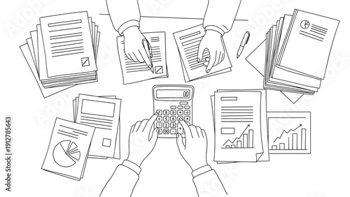 Linear design of business planning with hands using calculator and doc