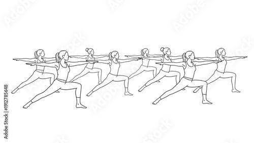 Group yoga class in warrior pose line art illustration