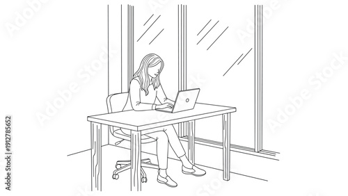 Line art of woman working at laptop in modern office with large window