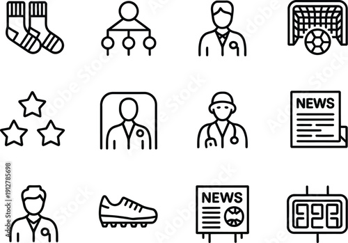 Collection of black and white line art icons related to soccer Keywords: soccer, football, sport