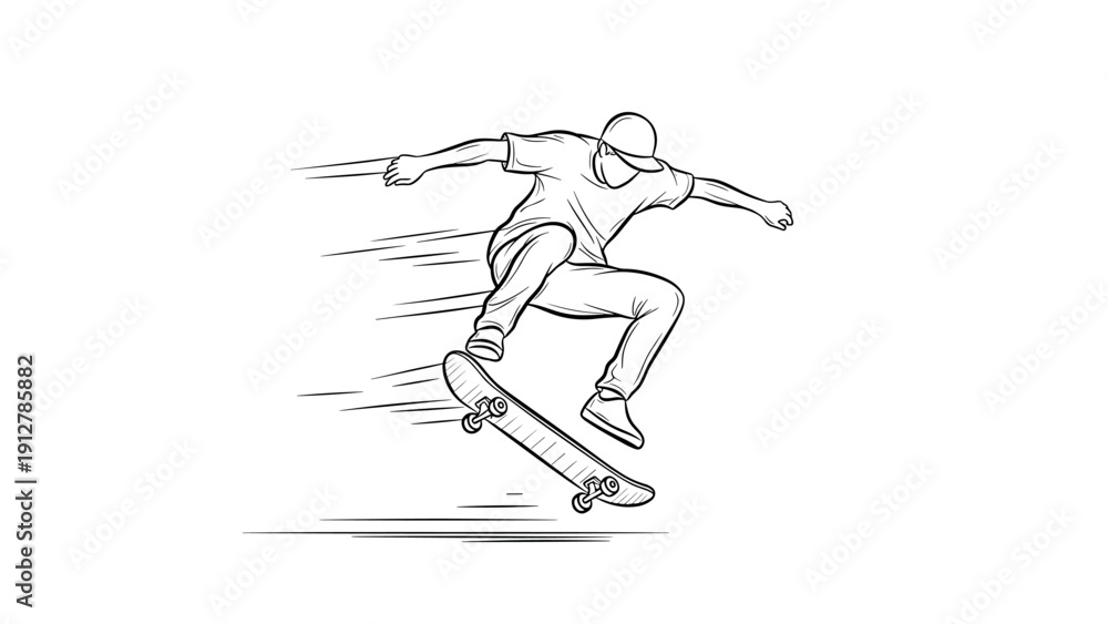 Fototapeta premium Energetic skater performing jump trick in dynamic sketch style