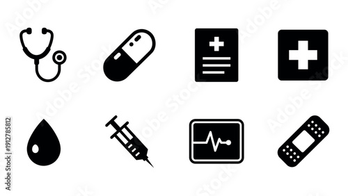 Essential medical icons set: healthcare medicine and emergency symbols