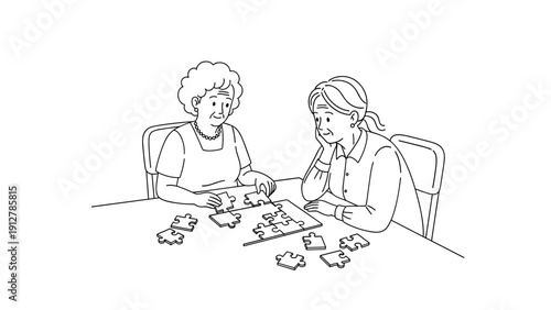Seniors engaged in puzzle solving - illustrative line art depicting in