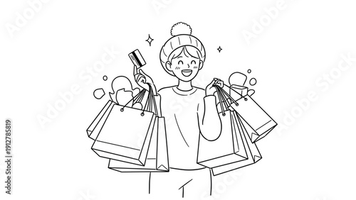 Happy shopper holding bags and credit card in black and white line art