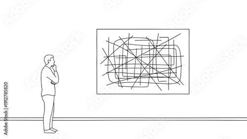 Minimalist art viewer contemplating abstract linear painting in galler