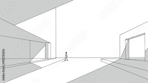 Minimalist architectural scene with lone figure in linear perspective