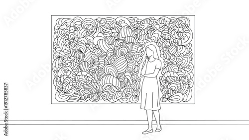 Woman contemplating abstract art: hand-drawn line art gallery scene