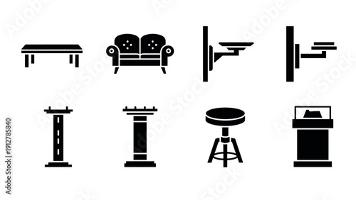 Silhouette icons of home furniture and interior elements for design